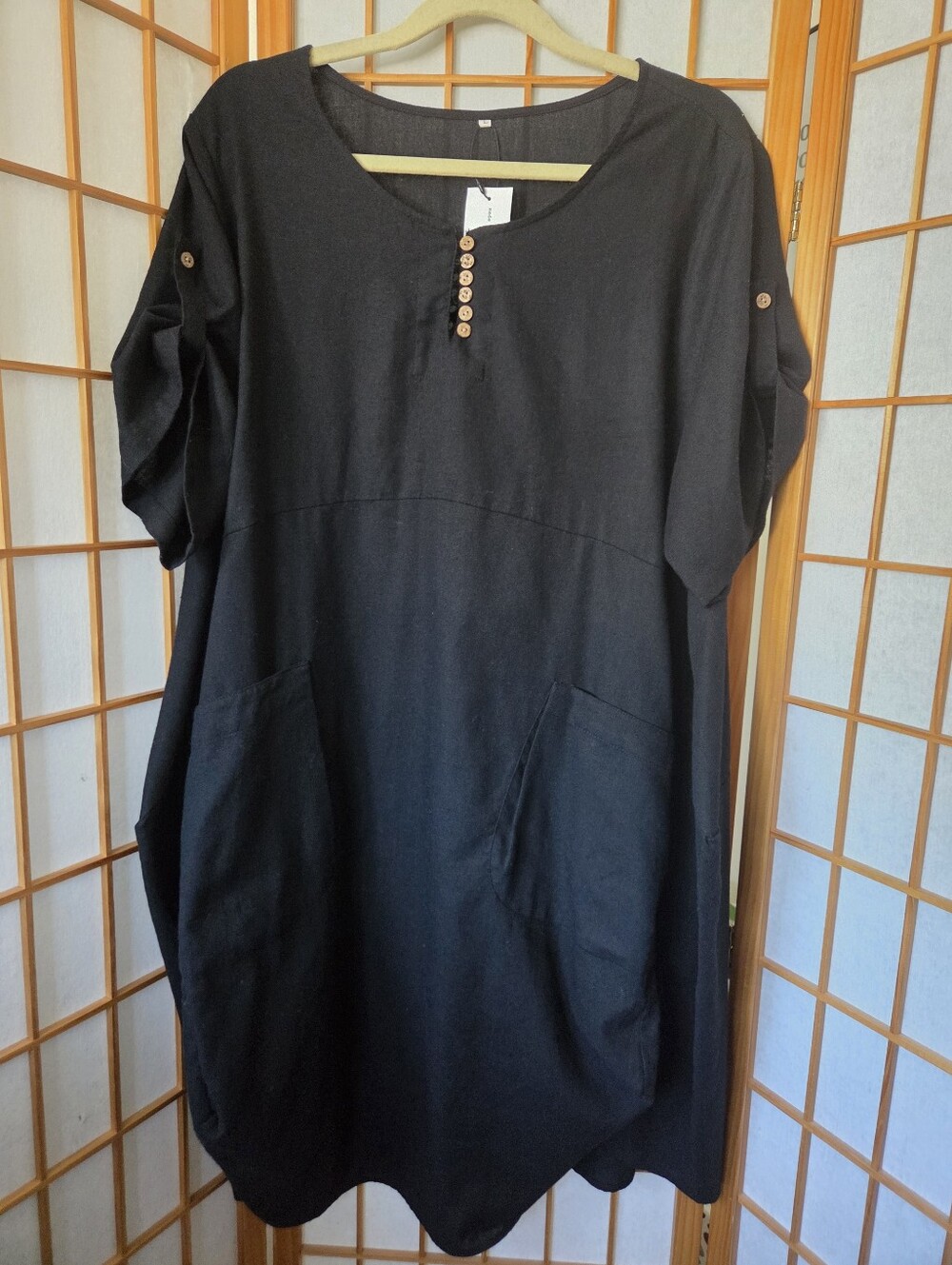 NEW WOMENS BLACK 100% LINEN MIX ROLL TAB SLEEVES TUNIC BLOUSE WITH POCKETS LARGE